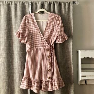 Rust Red & Cream Gingham Ruffle Mini Dress Size L